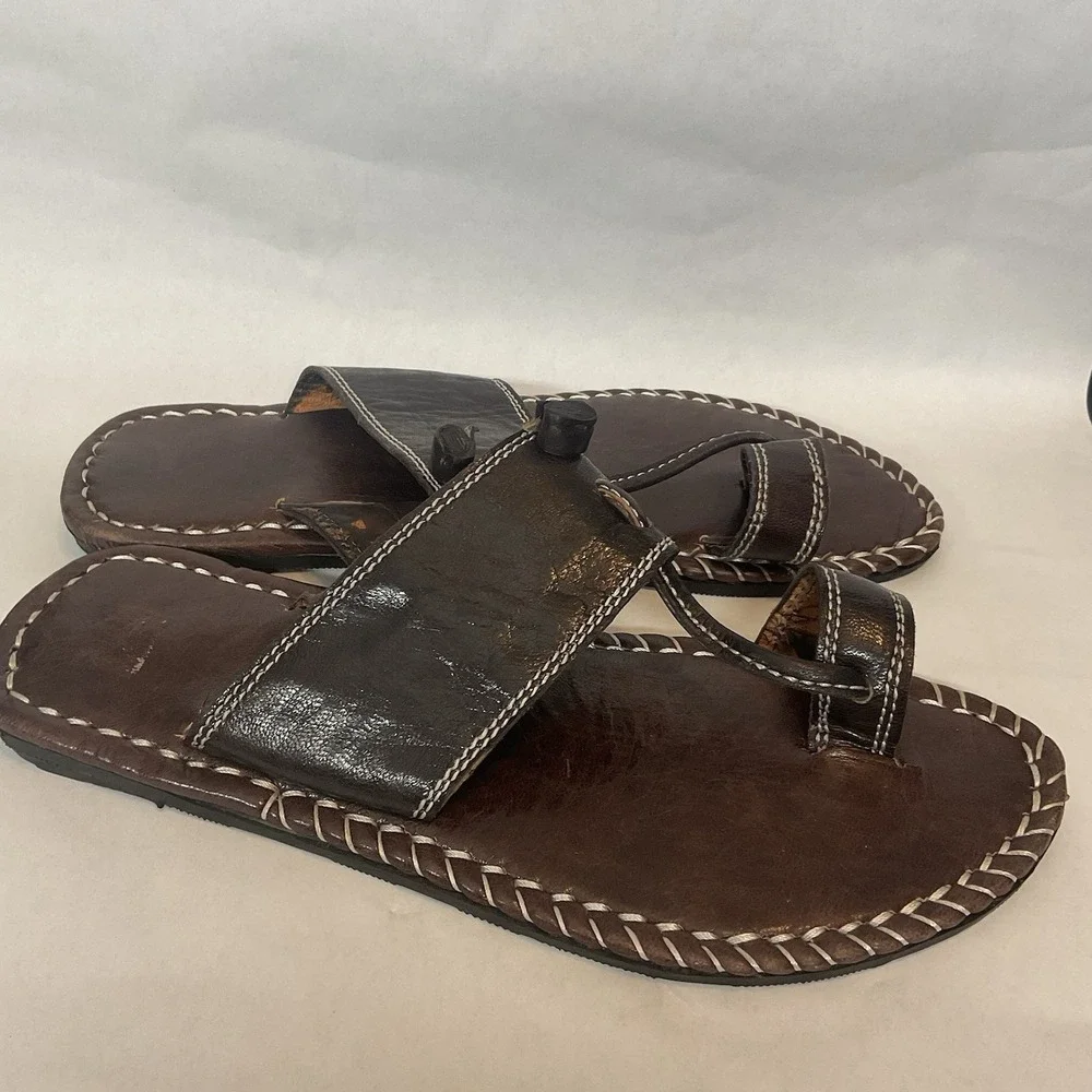 Men's Brown Leather Flip Flop Sandals size 10-10,5 Handmade Vibram Artisan Style